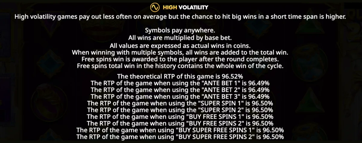 Game rules page listing RTP 96.52% and the RTP of each Ante Bet, Super Spin and Bonus Buy